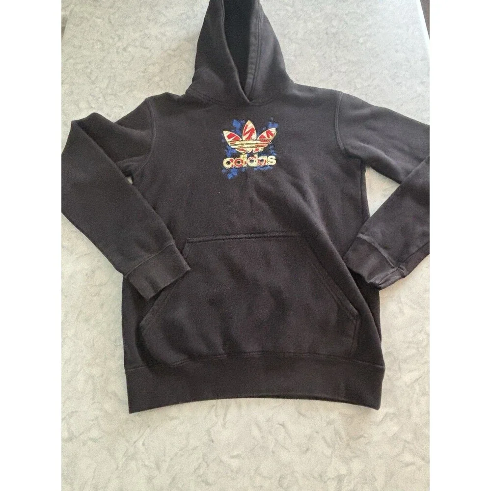Adidas Youth XL (15-16 ) Graphic Cloudy Trefoil Pullover Hoodie Sweatshirt Black